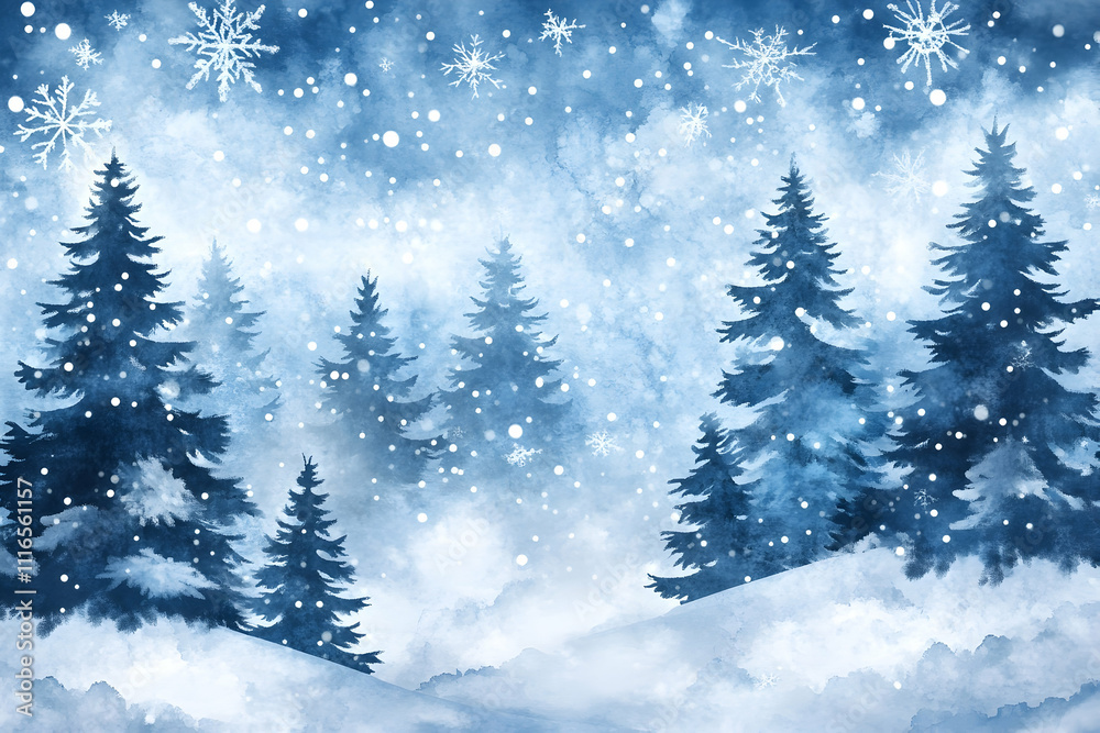Obraz premium Watercolor winter landscape with snow falling on pine trees.