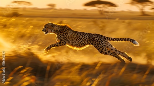 A sleek cheetah sprinting with incredible speed across the open, golden plains of the savanna during the golden hour, with the wind ruffling its fur