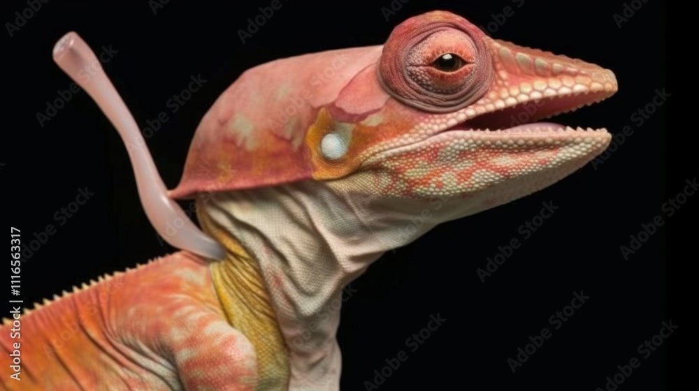 Close-up of a vibrant, pinkish-orange chameleon with a unique, light-colored appendage on its back against a black background. Close-up of a vibrant, pinkish-orange chameleon with a unique, light-colored appendage on its back against a black background.