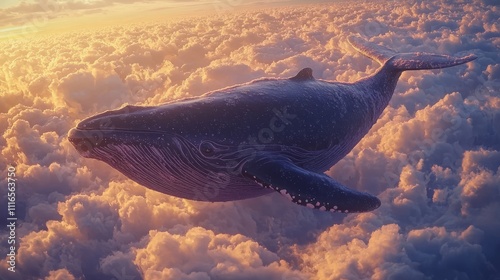 Mystical Whale Above the Clouds: A surreal depiction of a whale floating peacefully above a sea of clouds,