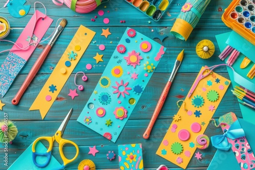 Colorful craft supplies and handmade bookmarks on a teal wooden surface.
