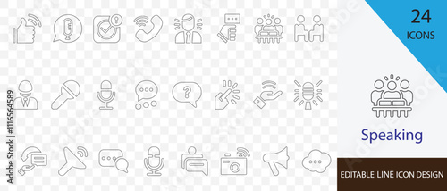 Speaking editable outline  icon set. containing discourse, group talk,  opinion, debate, chat, speech ,  remark, comment and more stroke art 