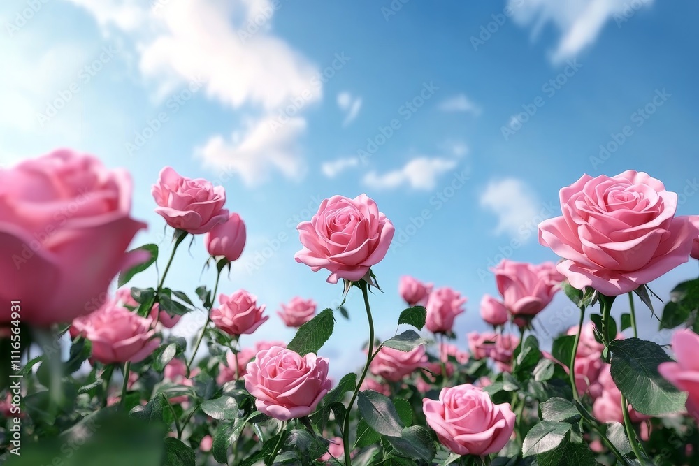 Blossoming Pink Roses Under a Clear Blue Sky - A breathtaking field of vibrant pink roses swaying gently in the breeze, set against a clear blue sky with fluffy clouds, symbolizing beauty and tranquil Blossoming Pink Roses Under a Clear Blue Sky - A breathtaking field of vibrant pink roses swaying gently in the breeze, set against a clear blue sky with fluffy clouds, symbolizing beauty and tranquil