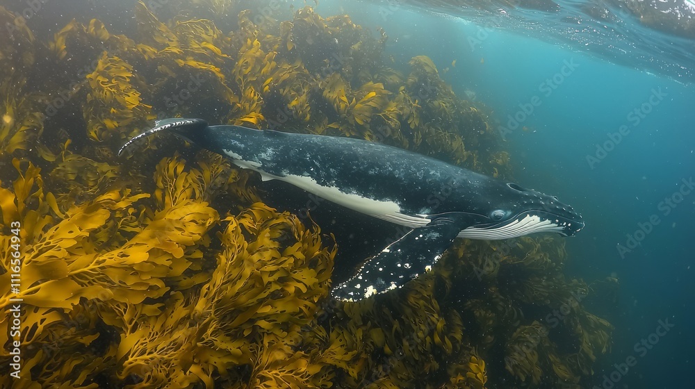 Fototapeta premium Whale and Giant Kelp Forest: A whale gliding gracefully through dense underwater kelp,