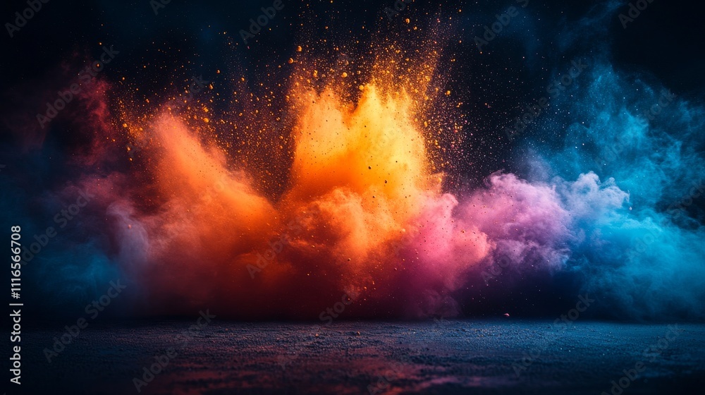 Colorful explosion of powder with vibrant hues in dark atmosphere, dynamic artistic expression concept Colorful explosion of powder with vibrant hues in dark atmosphere, dynamic artistic expression concept