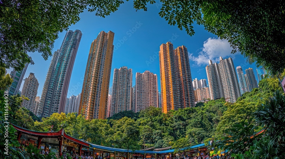 Fototapeta premium Urban Jungle: Hong Kong's Skyscrapers Emerging from Lush Greenery