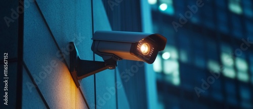 Security camera mounted on a building wall at night