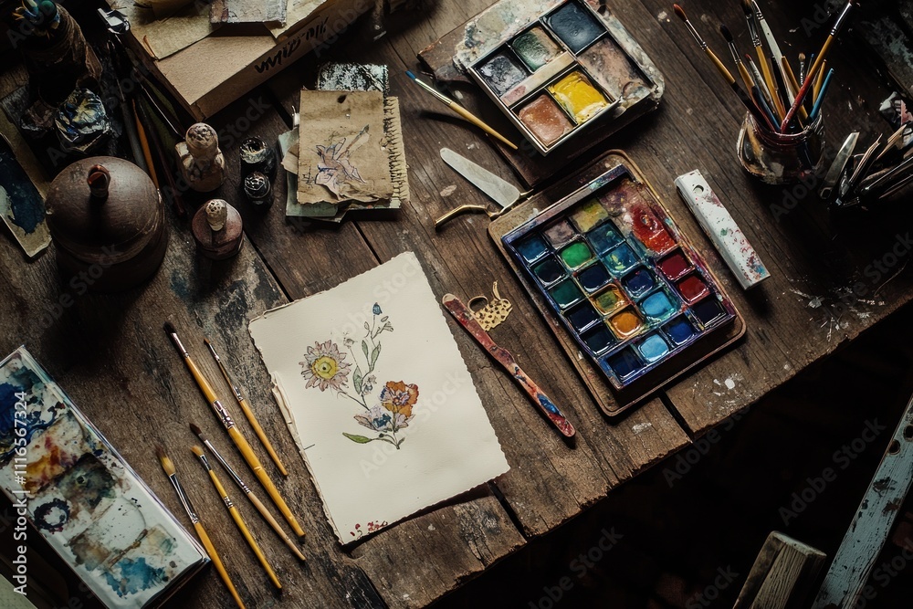 Artist's workspace with paints, brushes, and a floral sketch on a rustic wooden table. Artist's workspace with paints, brushes, and a floral sketch on a rustic wooden table.
