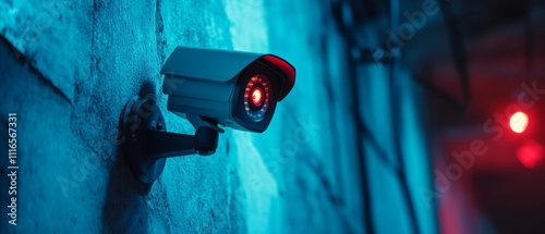 Security Camera Mounted on a Concrete Wall with Blue and Red Lighting photo