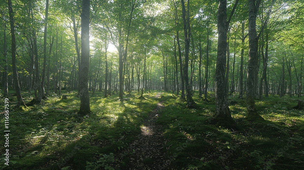 Fototapeta premium Sunlit Forest Path: A Serene Morning in the Woods