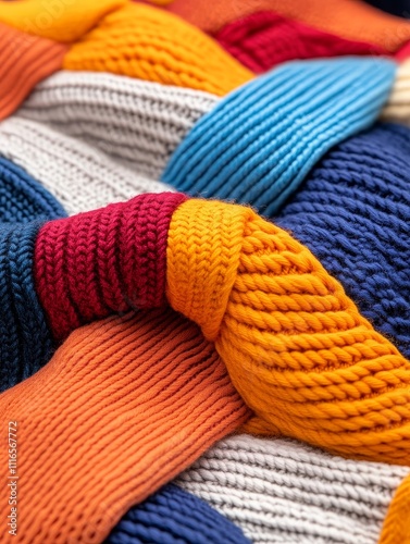 Colorful Knit Texture - A close-up view showcasing the intricate braided pattern of vibrant knitted yarns in various colors, illustrating warmth and craftsmanship. photo