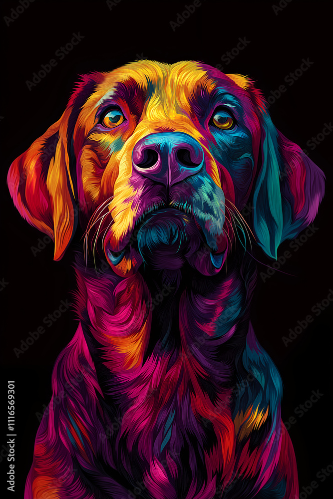 Obraz premium A Labrador retriever with colorful, vibrant colors against a black background made in a digital art style, Oil painting effects, Poster design and picture design, Wall painting design