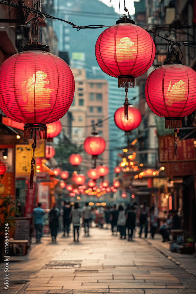 Festive Chinese Lanterns in Bustling Street Festive Chinese Lanterns in Bustling Street