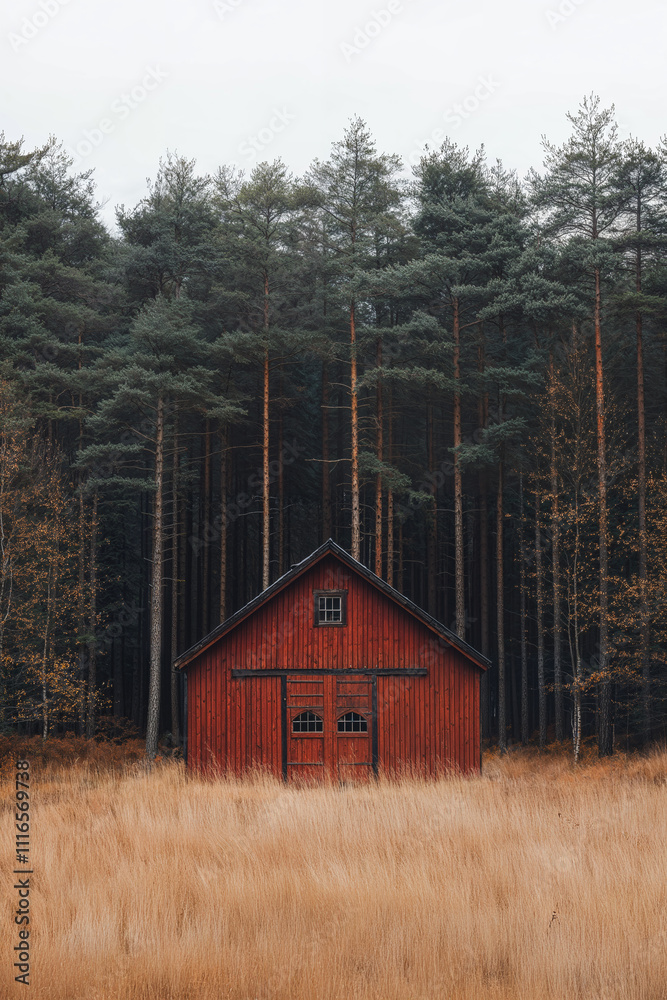Rustic Red Barn Surrounded by Golden Autumn Trees Rustic Red Barn Surrounded by Golden Autumn Trees
