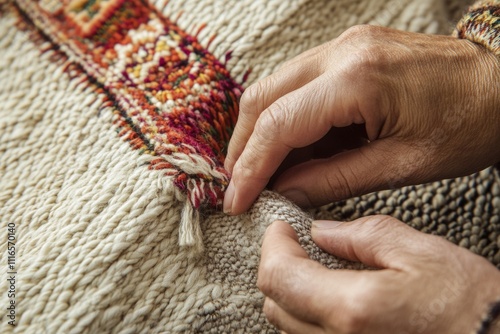 Foto Close up of hands carefully mending a richly patterned  hand woven rug