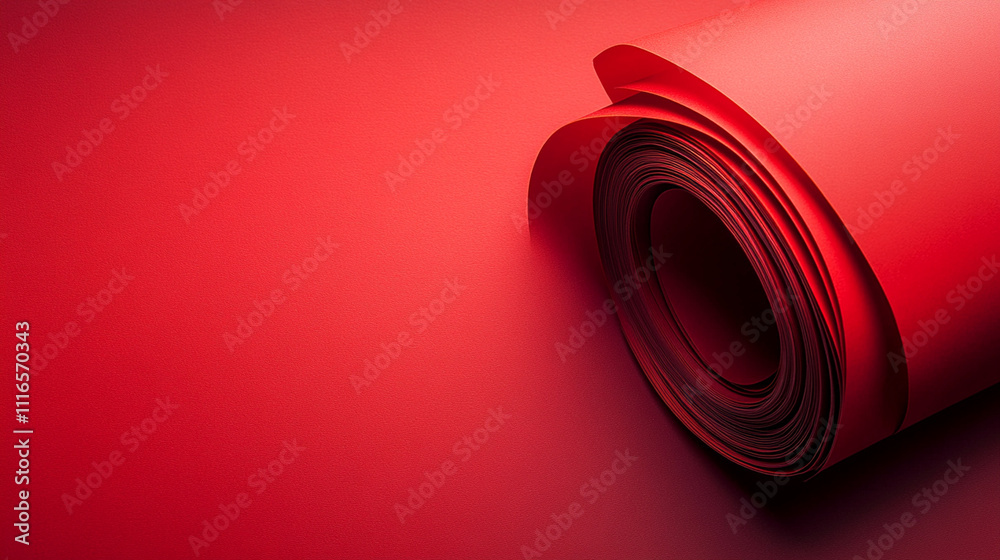 Bright red rolled paper resting on a flat surface in a creative workspace Bright red rolled paper resting on a flat surface in a creative workspace