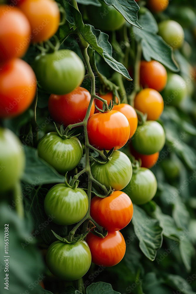 Fresh Tomatoes on Vine in Vibrant Greenhouse Setting Fresh Tomatoes on Vine in Vibrant Greenhouse Setting