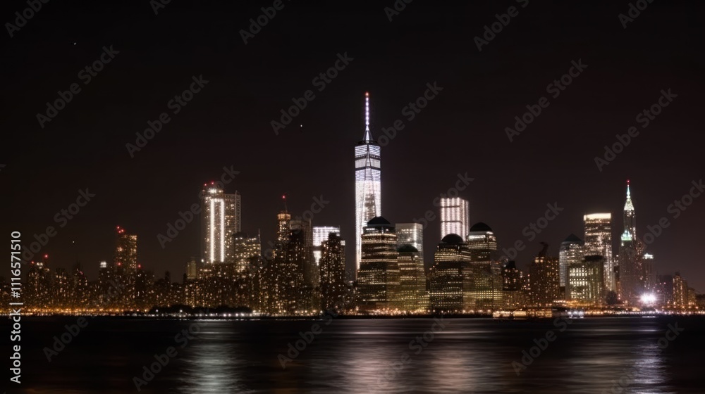 Illuminated New York City skyline at night, reflecting in the water. Illuminated New York City skyline at night, reflecting in the water.