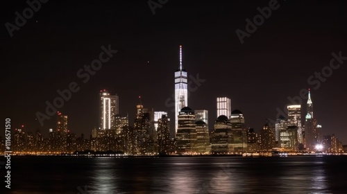 Illuminated New York City skyline at night, reflecting in the water. 