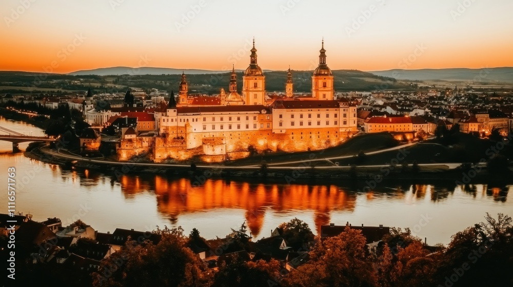Obraz premium Melk Abbey at Sunset: A Breathtaking Austrian Landmark