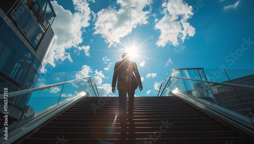 A professional businessman strides confidently down a staircase on a sunny day, embodying success and determination in an urban setting.