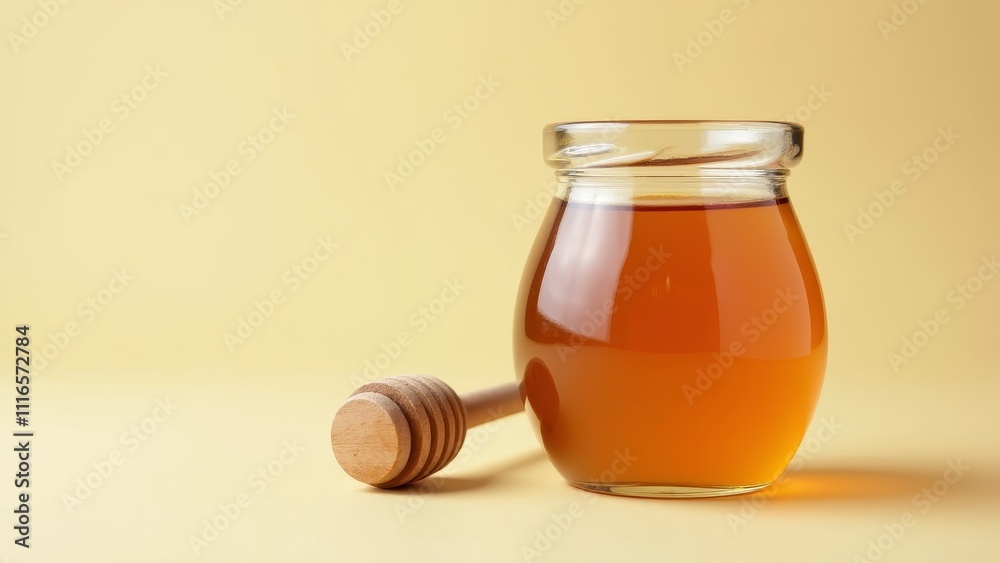 Glass jar of golden honey with a wooden dipper against a soft yellow background Glass jar of golden honey with a wooden dipper against a soft yellow background