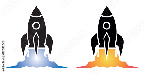 Rocket icon design featuring two variations with different color schemes and flame illustrations for creative projects