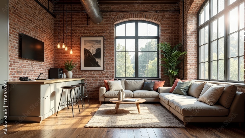 Bright and airy loft with industrial touches and modern furnishings, perfect for contemporary living Bright and airy loft with industrial touches and modern furnishings, perfect for contemporary living