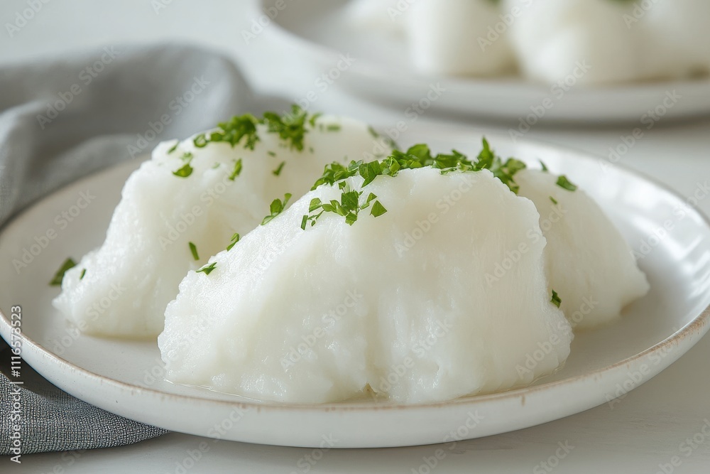 Delicious White Ceramic Plate Garnished with Fresh Parsley and Soft Potatoes in Natural Lighting, Perfect for Rustic Scandinavian Dining Aesthetic Delicious White Ceramic Plate Garnished with Fresh Parsley and Soft Potatoes in Natural Lighting, Perfect for Rustic Scandinavian Dining Aesthetic