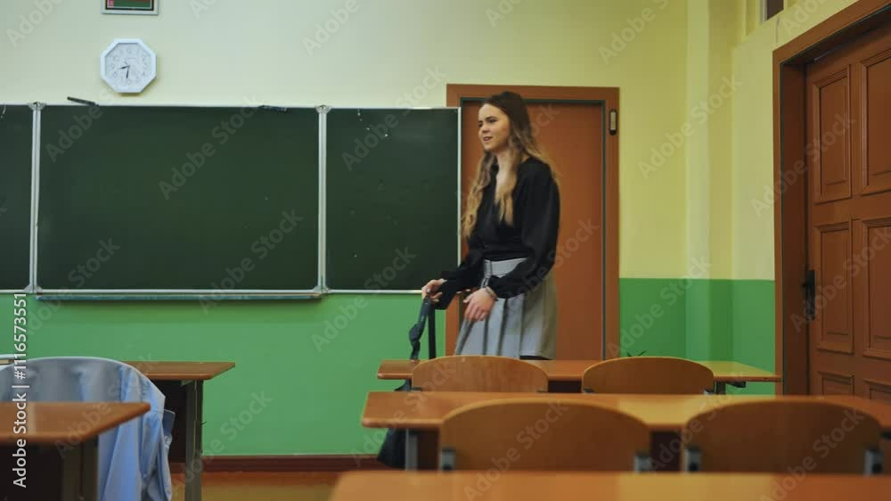 A high school student walks into her classroom during a break between classes. A high school student walks into her classroom during a break between classes.
