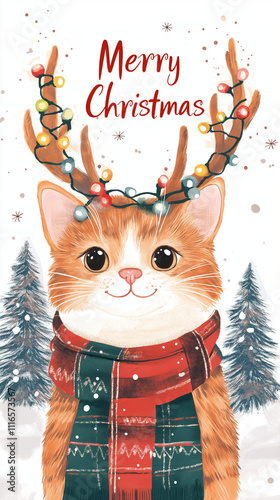 Cat with Red and Green Scarf, Christmas Lights on Antlers, Merry Christmas Text, Smiling Cat in Christmas Ribbons with Lighted Reindeer Antlers, Cartoon Style, on White Background keywords