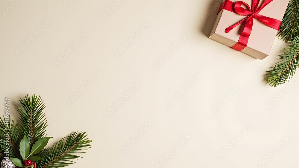 Gift Box and Holiday Greenery on a Soft Background Gift Box and Holiday Greenery on a Soft Background