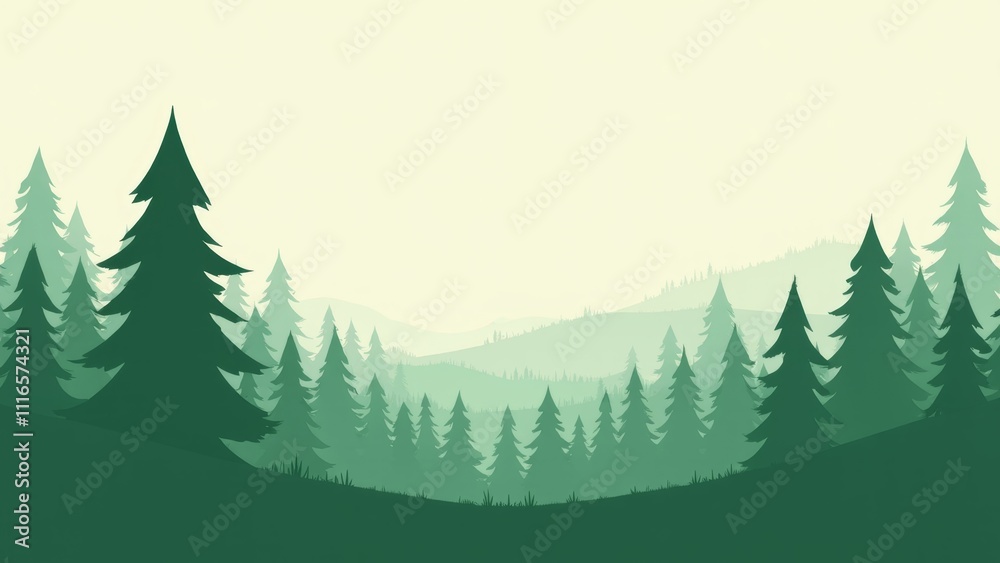 Fototapeta premium Artistic representation of a pine tree in a beautiful forest landscape with misty hills, emphasizing forest conservation