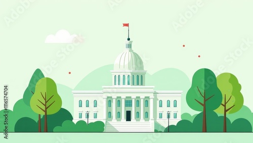 Vector design of a government building featuring a prominent flag and nature elements, emphasizing green policies
