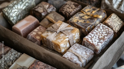 A gift box filled with assorted pastila in earthy tones wrapped in parchment paper with a rustic bow. photo