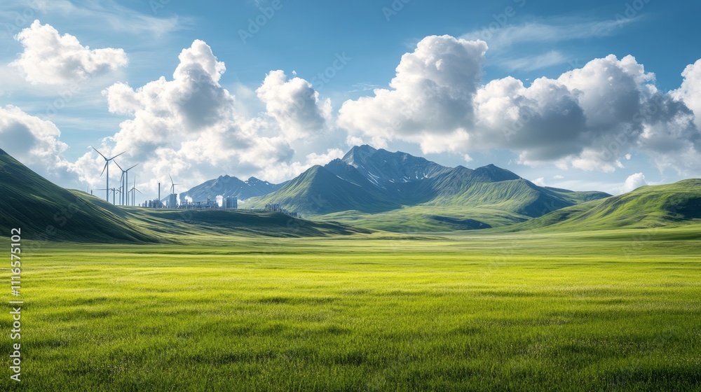 Fototapeta premium Expansive Green Field with Wind Turbines Against Mountainous Background