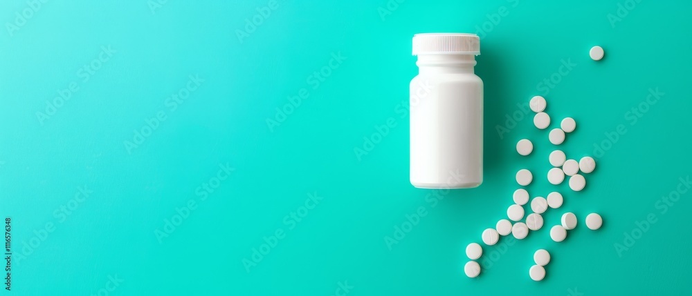 A bottle and scattered pills on a vibrant turquoise surface, evoking a minimalist aesthetic, emphasize health, medicine, and wellness themes. A bottle and scattered pills on a vibrant turquoise surface, evoking a minimalist aesthetic, emphasize health, medicine, and wellness themes.