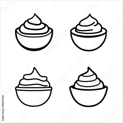 A pack of fresh cream in modern style, premium vector, Bowl Sauce for mayonnaise, ketchup, yogurt, and cream Icons. Vector set, Cream bowl outline vector icon. Symbol, logo illustration. 