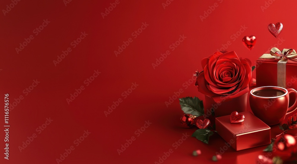 Arrière-plan de Saint-Valentin avec une rose rouge, un coffret cadeau et une tasse à café sur un fond de couleur rouge et des décorations en forme de cœur, image avec espace pour texte. Arrière-plan de Saint-Valentin avec une rose rouge, un coffret cadeau et une tasse à café sur un fond de couleur rouge et des décorations en forme de cœur, image avec espace pour texte.