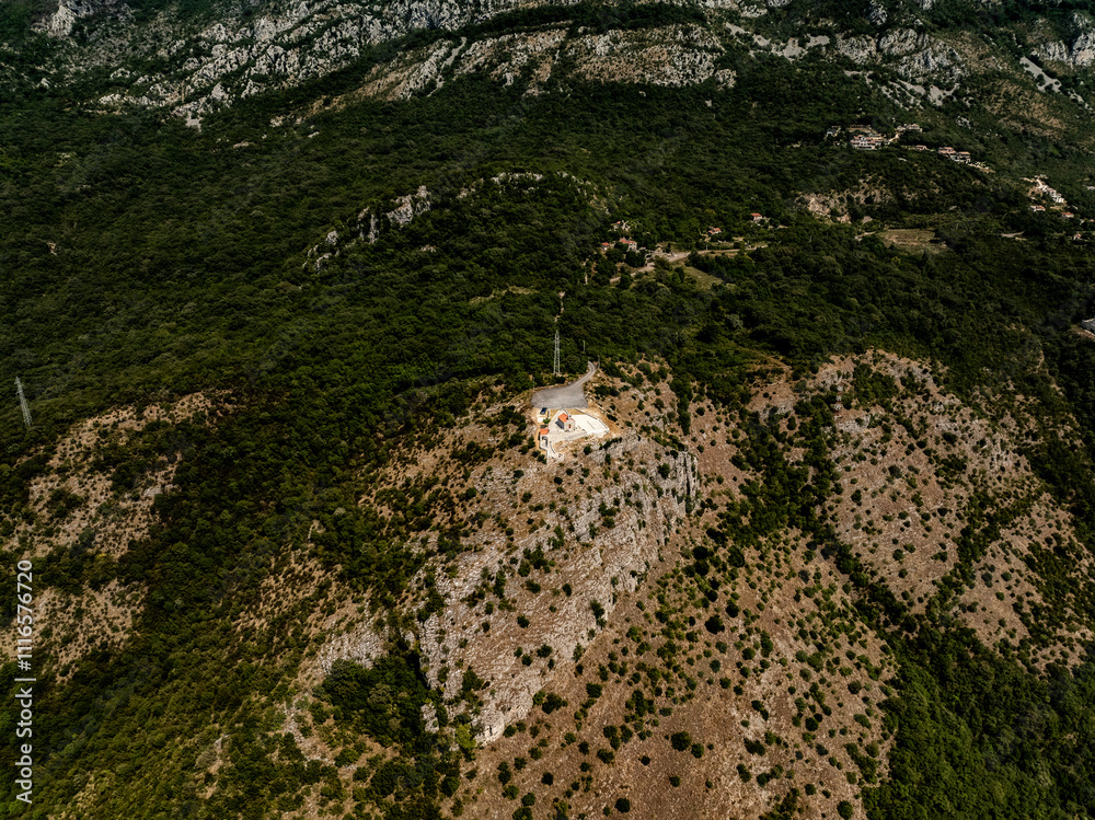 Aerial View of the Alone Old Stone Church of Sveti Stefan on the Mountain Top