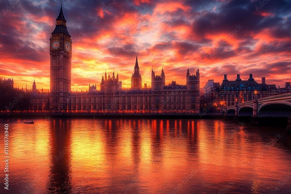 Fototapeta premium Sunset over the iconic skyline of London with Big Ben and the River Thames. Generative AI