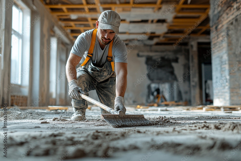Skilled worker leveling concrete floor during renovation of an industrial building interior Skilled worker leveling concrete floor during renovation of an industrial building interior
