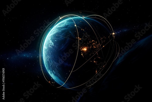 Connections of light dance around Earth in the cosmic expanse of space. Generative AI