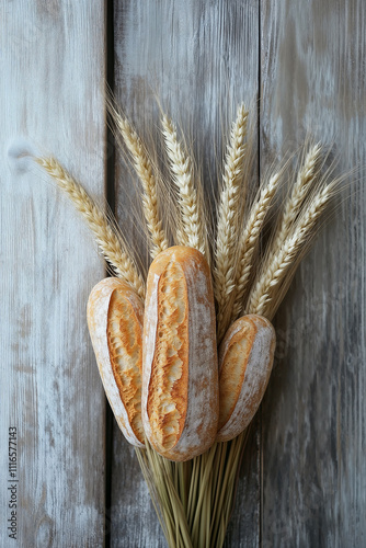 Rustic Loaves of Fresh Bread with Wheat Stalks on Wooden Surface