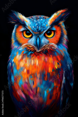 An owl with colorful, vibrant colors against a black background made in a digital art style, Oil painting effects, Poster design and picture design, Wall painting design photo