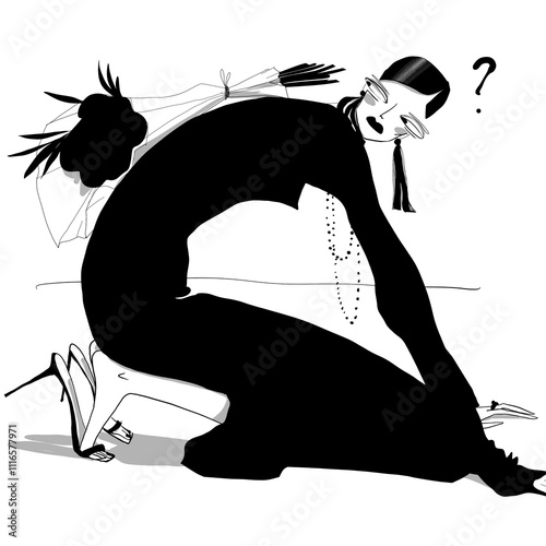 Foto A fashionable, elegant woman kneels, supporting herself with her hands on the floor
