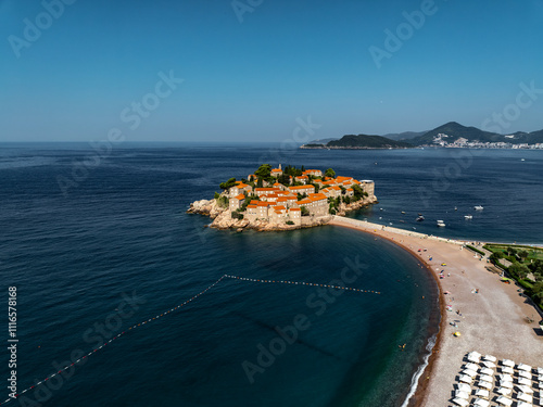 Aerial View of Sveti Stefan Island and beach
