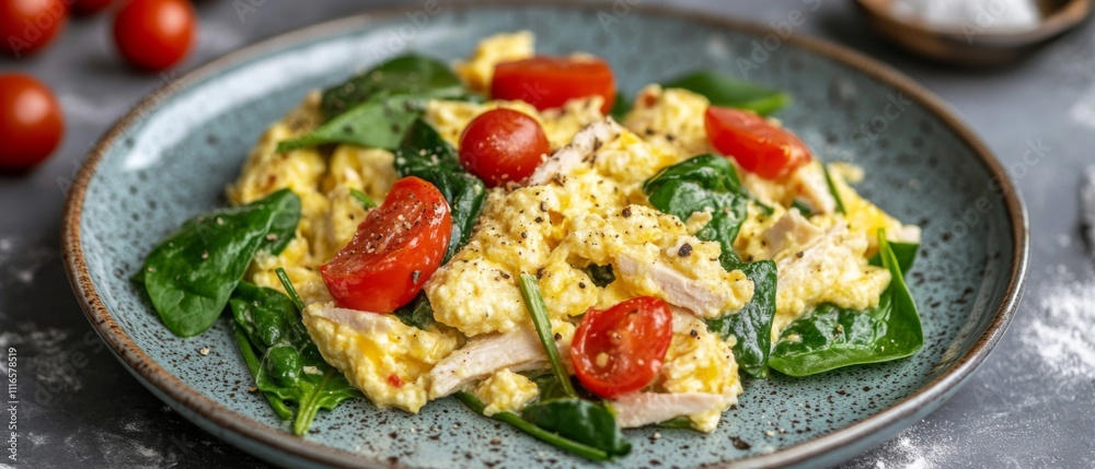 Scrambled Eggs with Spinach, Chicken, and Cherry Tomatoes Scrambled Eggs with Spinach, Chicken, and Cherry Tomatoes