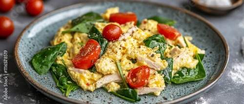 Scrambled Eggs with Spinach, Chicken, and Cherry Tomatoes