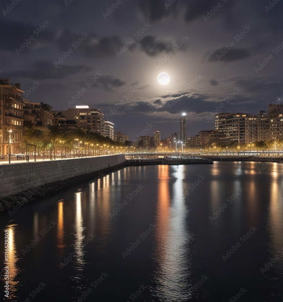 Full moon casting a silver glow on the Diagonal Mar waterfront in Barcelona, waves, barcelona, ocean view Full moon casting a silver glow on the Diagonal Mar waterfront in Barcelona, waves, barcelona, ocean view